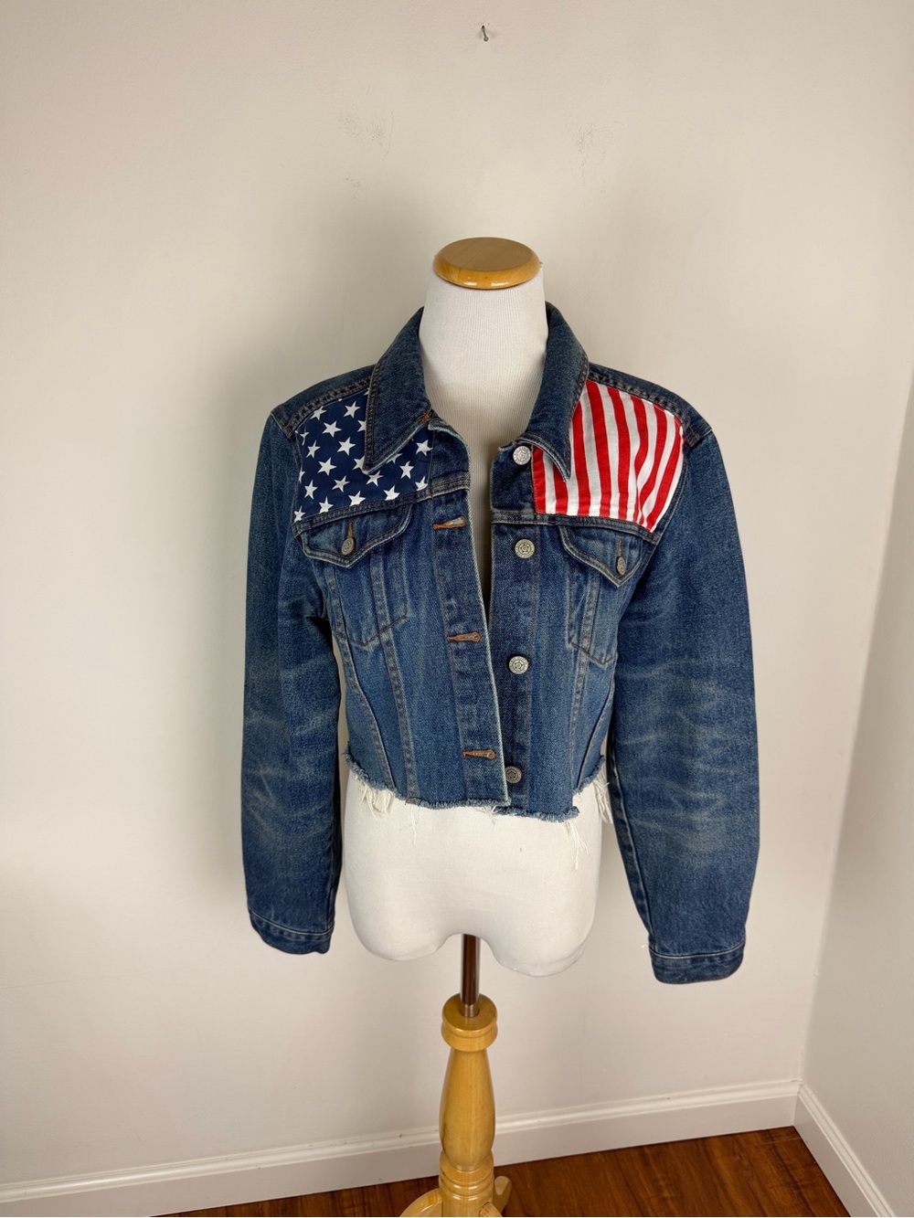 American Vintage American Flag Print Denim Crop Jacket Size S / M